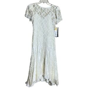 VINTAGE NWT 80s Ivory Lace Prom Wedding Dress Size 6 Sequin Flapper Drop Waist